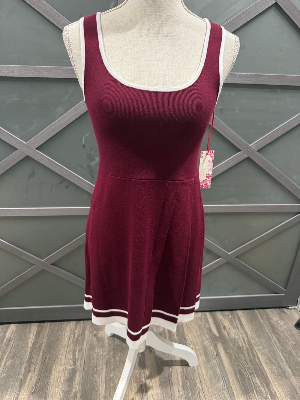 Freshman Sleeveless Burgundy Knit Fit-and-Flare sweater Dress with Cream Trim